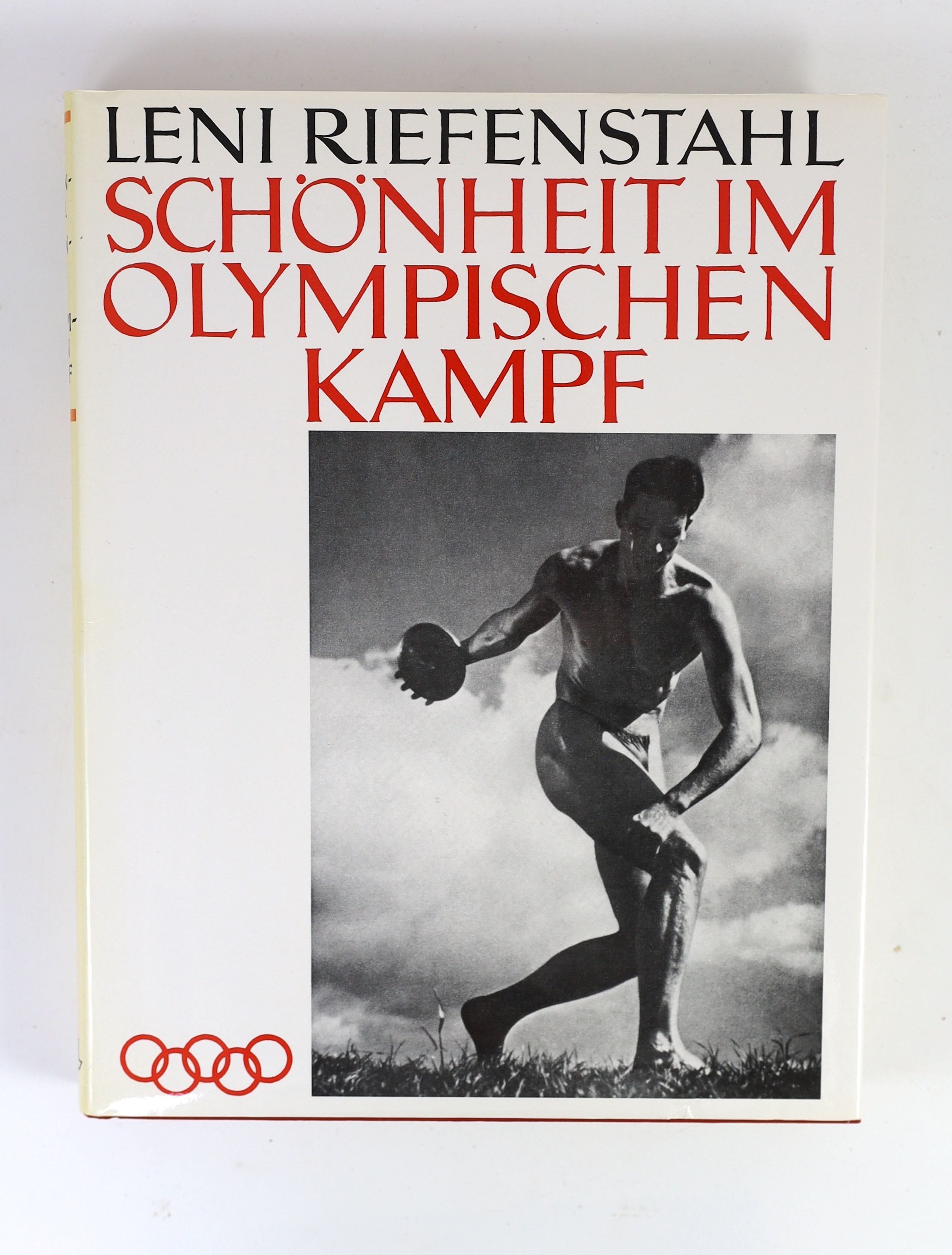 Riefenstahl, Leni - Schönheit im Olympischen Kampf. Complete with numerous text illustrations. Original cloth with gilt letters direct on upper and spine and original pictorial d/j. Folio. Mahnert Lueg, Munich, 1988. Wit